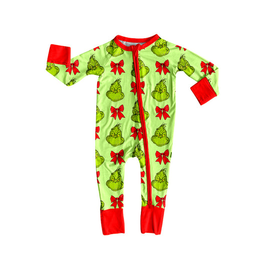 Preorder (moq 20)Baby Boys Bamboo Green Faces Bows Christmas Zippy Footie Rompers