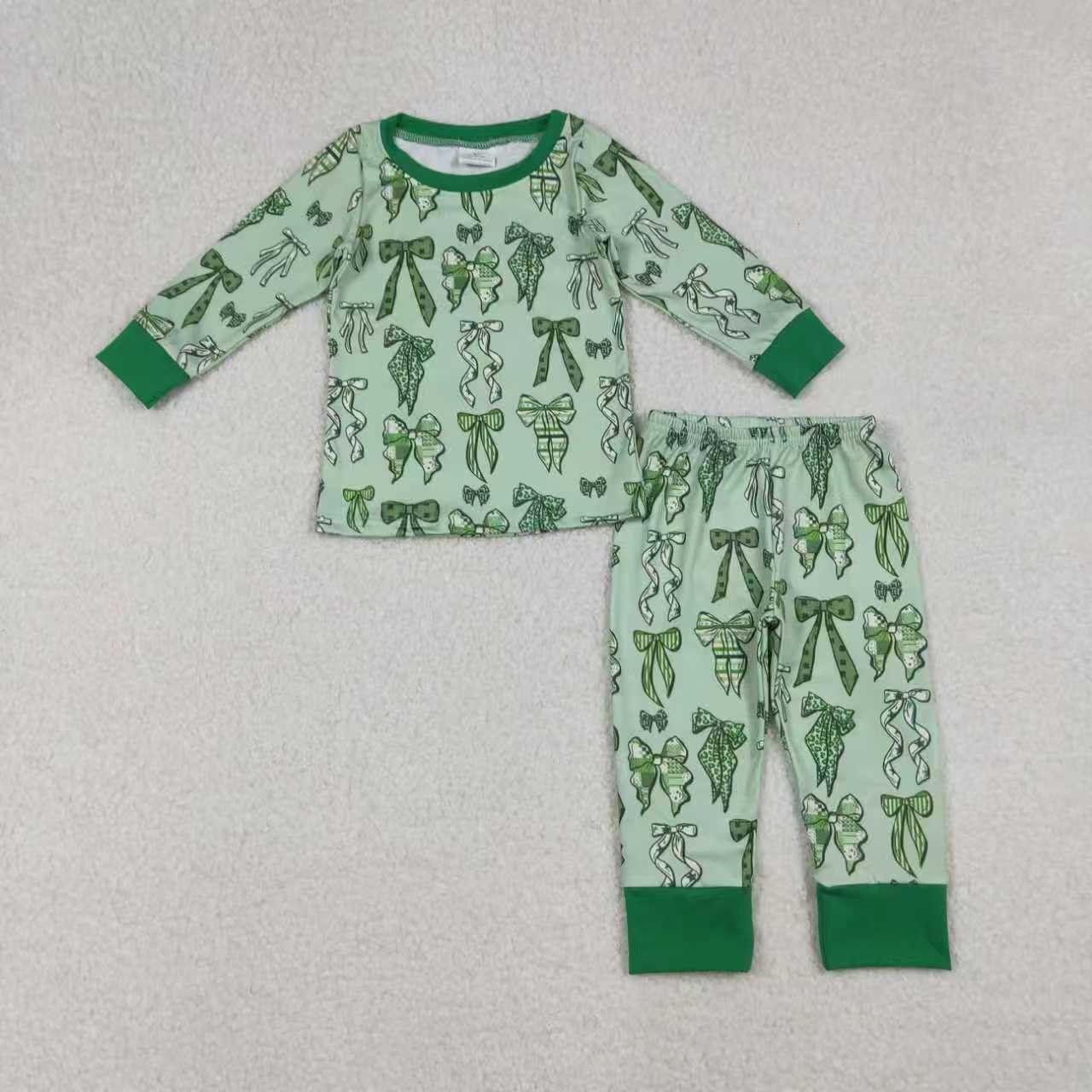 Sibling Baby Girls Green Clovers Bows Top Pants St Patrick Pajamas Sets Zipper Rompers