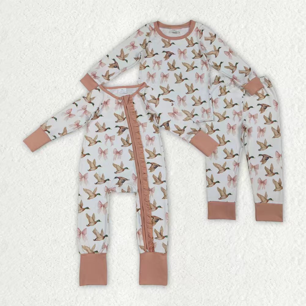 Sibling Baby Girls Pink Bows Ducks Plaid Top Pants Pajamas Sets Ruffle Zipper Footie Rompers