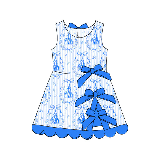 Preorder moq 5 Baby Girls Blue Stripe Bows Castles Shorts Scallop Knee Length Dresses