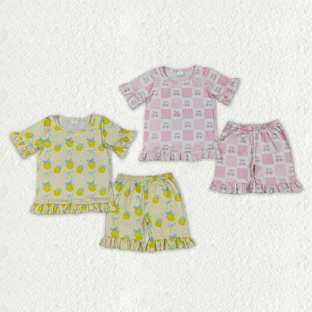 Sibling Baby Girls Short Sleeve Bows Strawberry Lemons Top Ruffle Shorts Pajamas Sets
