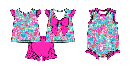 Preorder moq 5 Custom Baby Girls Hot Pink Flutter Sleeves Watercolor Floral Tunic Ruffle Short Set Rompers