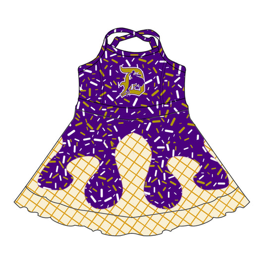 Preorder (moq 5)Baby Girls Purple Drip Sprinkles D'Hanis Team Shorts Ruffle Knee Length Dress