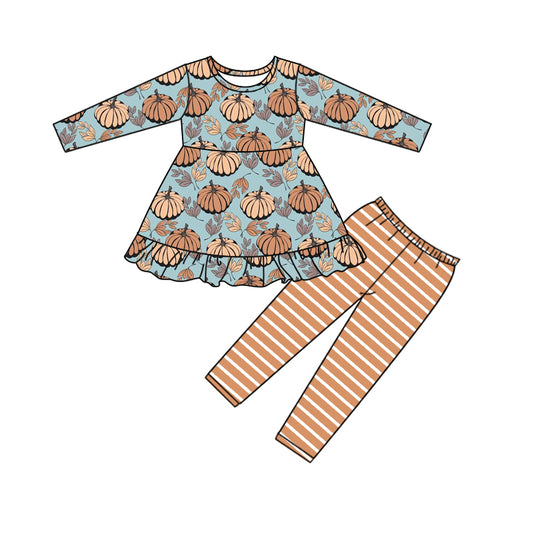 Baby Girls Pumpkin Ruffle Top Stripes Legging Pants Clothes Sets Preorder(moq 5)