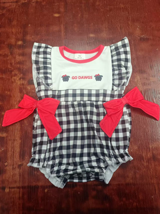 Preorder moq 5 Baby Girls Black Plaid Go Dawgs Bows Ruffle Rompers