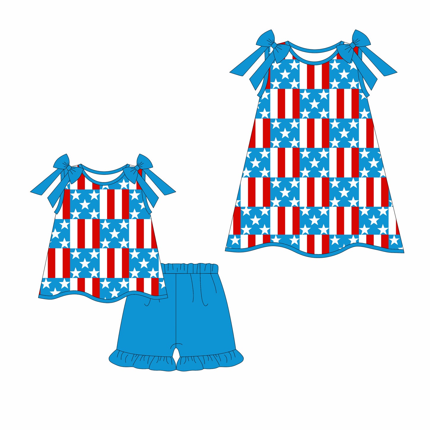 Preorder moq 5 Custom Baby Girls Blue Strap Stars Flags Plaid Tunic Ruffle Short 4th Of July Set Knee Length Dresses