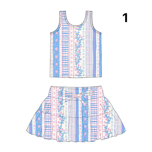 Preorder (moq 5)Baby Girls Flowers Stripe Vests Top Skirt Shorts Clothes Sets
