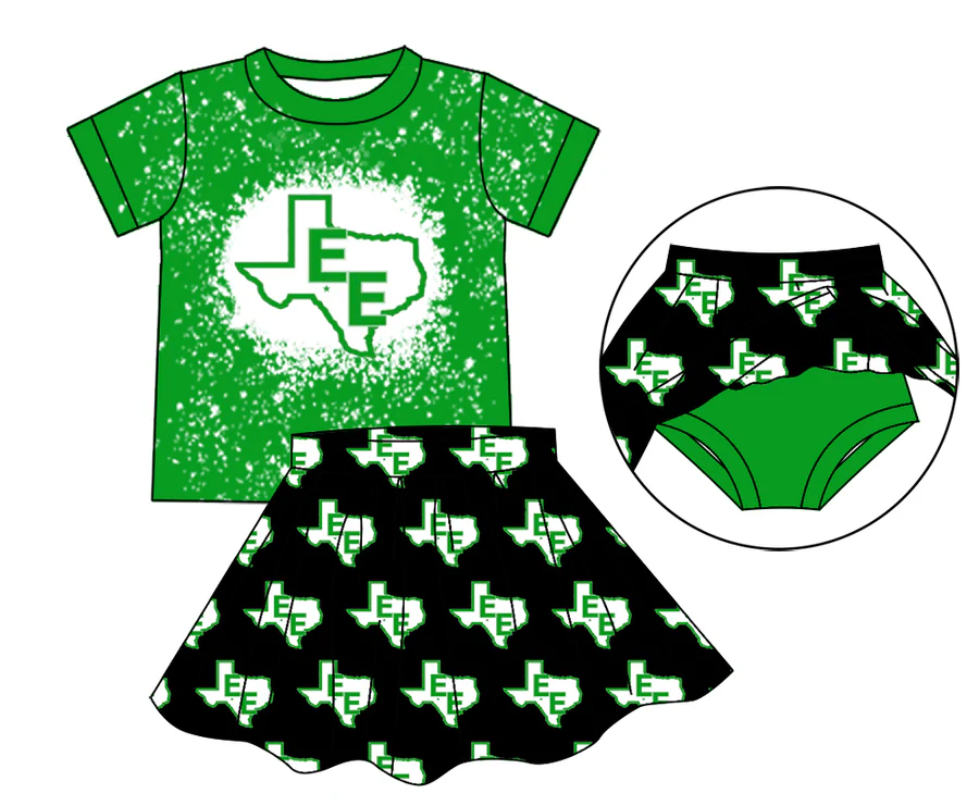 Preorder (moq 5)Baby Girls Green E Top Bummie Skorts Team Sets