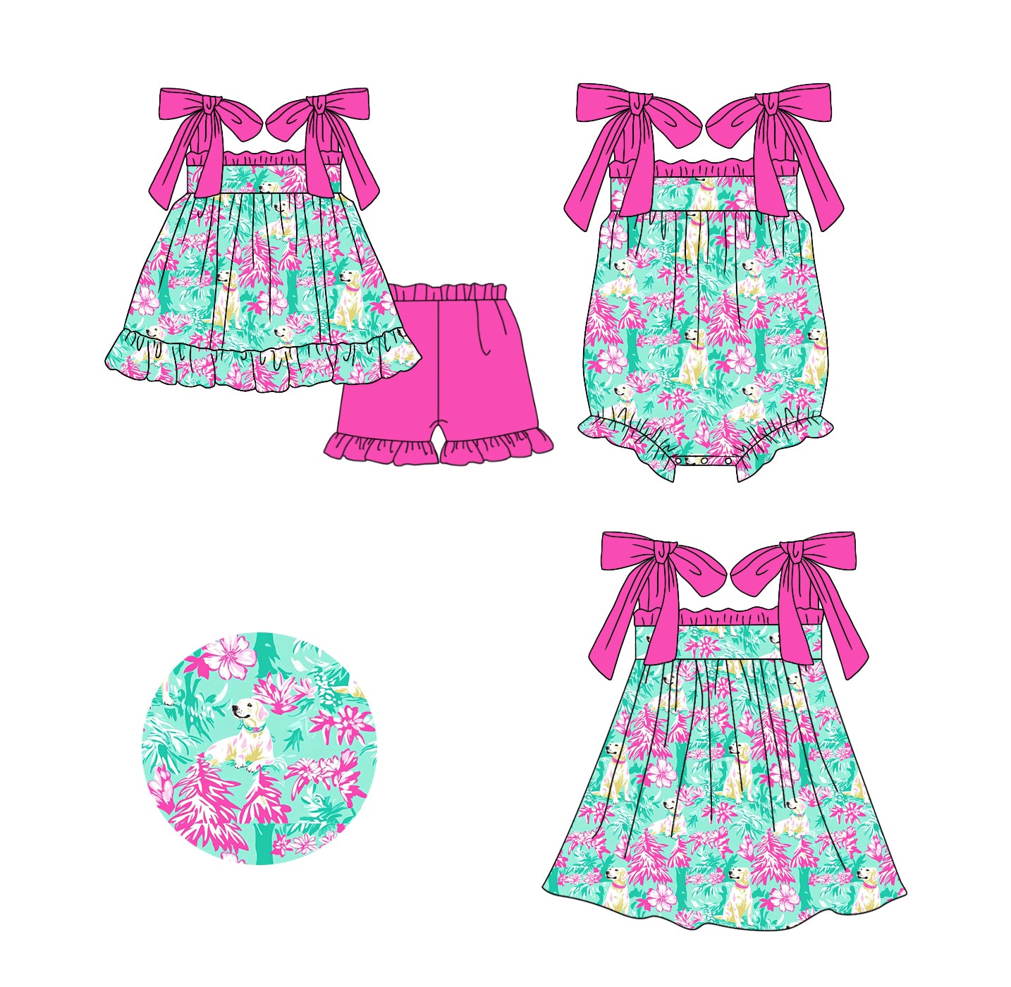 Preorder(moq 5 each)Sibling Baby Girls Pink Tree Dogs Flowers Straps Romper Dress Shorts Sets