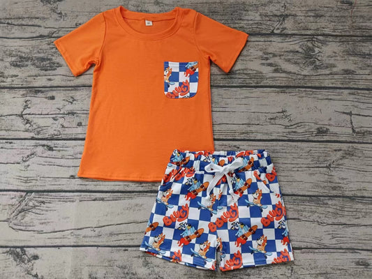 Baby Boys Orange Short Sleeve Tee Top Dog Rocket Shorts Clothes Sets Preorder(moq 5)