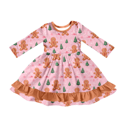 Baby Girls Christmas Gingerbread Tree Ruffle Knee Length Dresses preorder(MOQ 5)