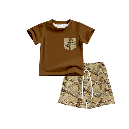 Baby Boys Brown Pocket Shirt Camo Tree Shorts Clothes Sets split order preorder May 28th