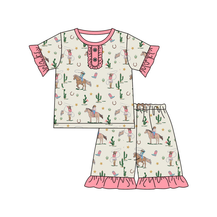 Preorder (moq 5)Baby Girls Western Rodeo Pink Shirt Top Shorts Pajamas