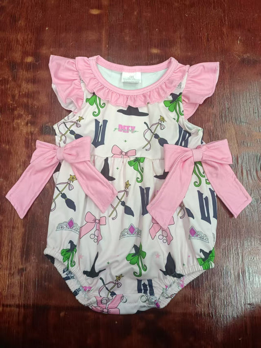 Preorder moq 5 Baby Girls Pink Flutter Sleeves Bows Cartoon DEFV Ruffle Rompers