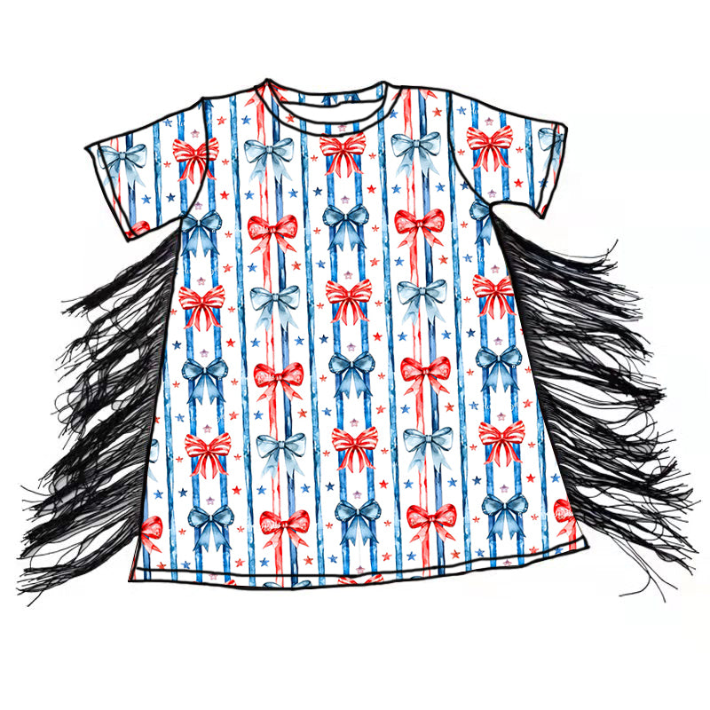Preorder (moq 5)Baby Girls 4th Of July Bows Tassel Knee Length Dresses