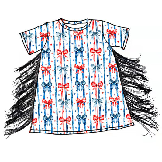 Preorder (moq 5)Baby Girls 4th Of July Bows Tassel Knee Length Dresses