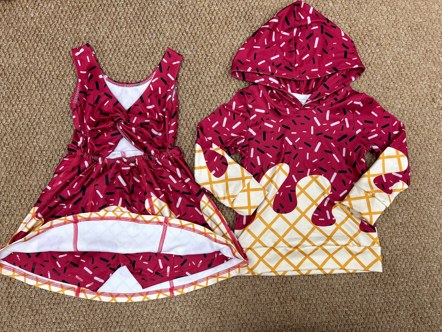 Sibling Baby Kids Dark Red Drip Team Hoodies Top Yoga Short Knee Length Dresses