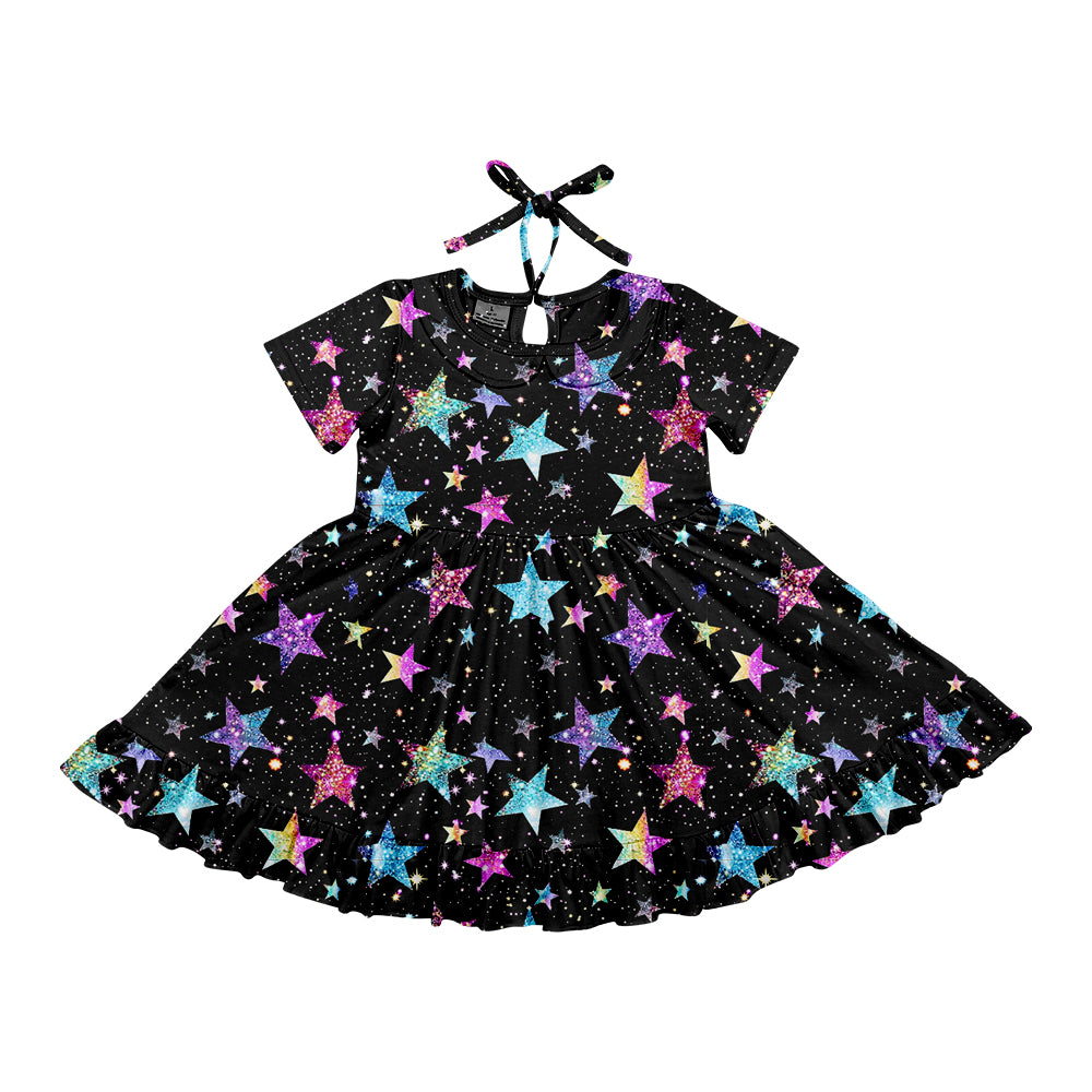 Preorder (moq 5)Baby Girls Black Stars Short Sleeves Knee Length Dresses