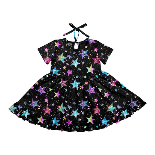Preorder (moq 5)Baby Girls Black Stars Short Sleeves Knee Length Dresses