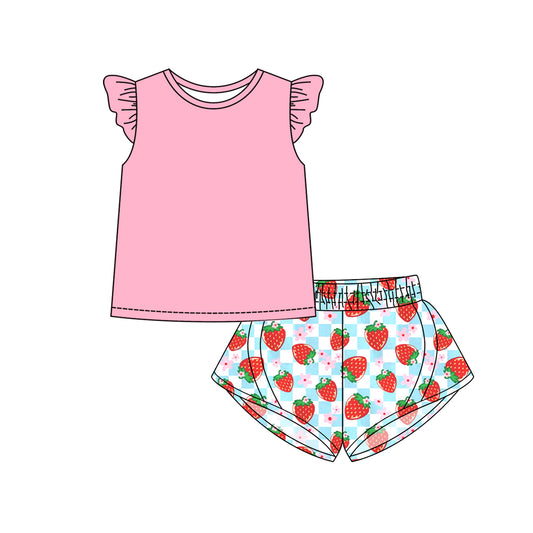 Preorder (moq 5)Baby Girls Pink Flutter Sleeves Top Flowers Strawberry Short Set
