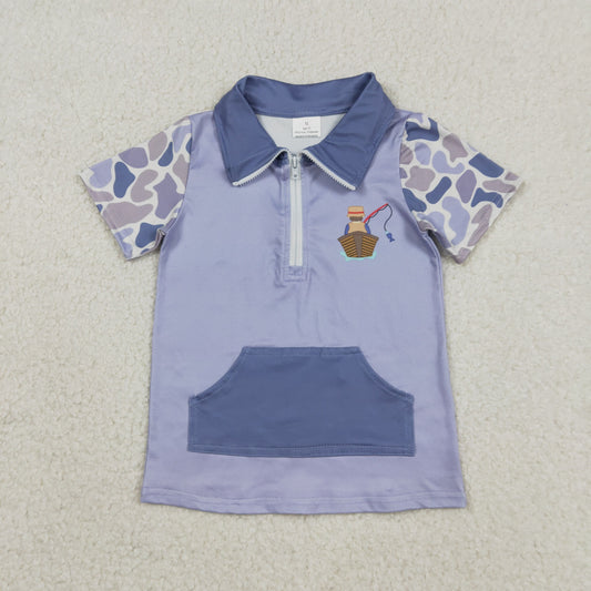 Baby Boys Blue Camo Short Sleeve Fishing Zipper Pockets Hunting Pullovers Top