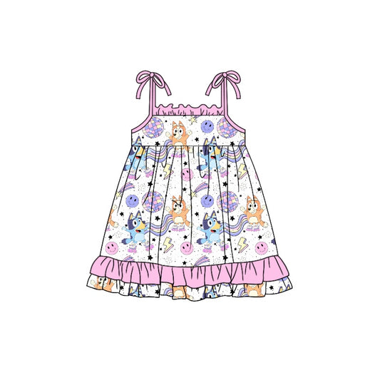 Baby Girls Purple Dog Disco Straps Ruffle Knee Length Dresses Preorder(moq 5)