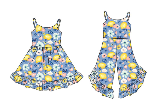 Preorder moq 5 Custom Baby Girls Blue Strap Lemons Floral Ruffle Jumpsuits Knee Length Dresses