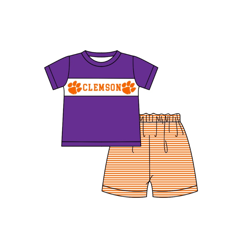 Preorder (moq 5)Baby Boys Short Sleeve Clemson Top Stripe Short Team Clothes Sets