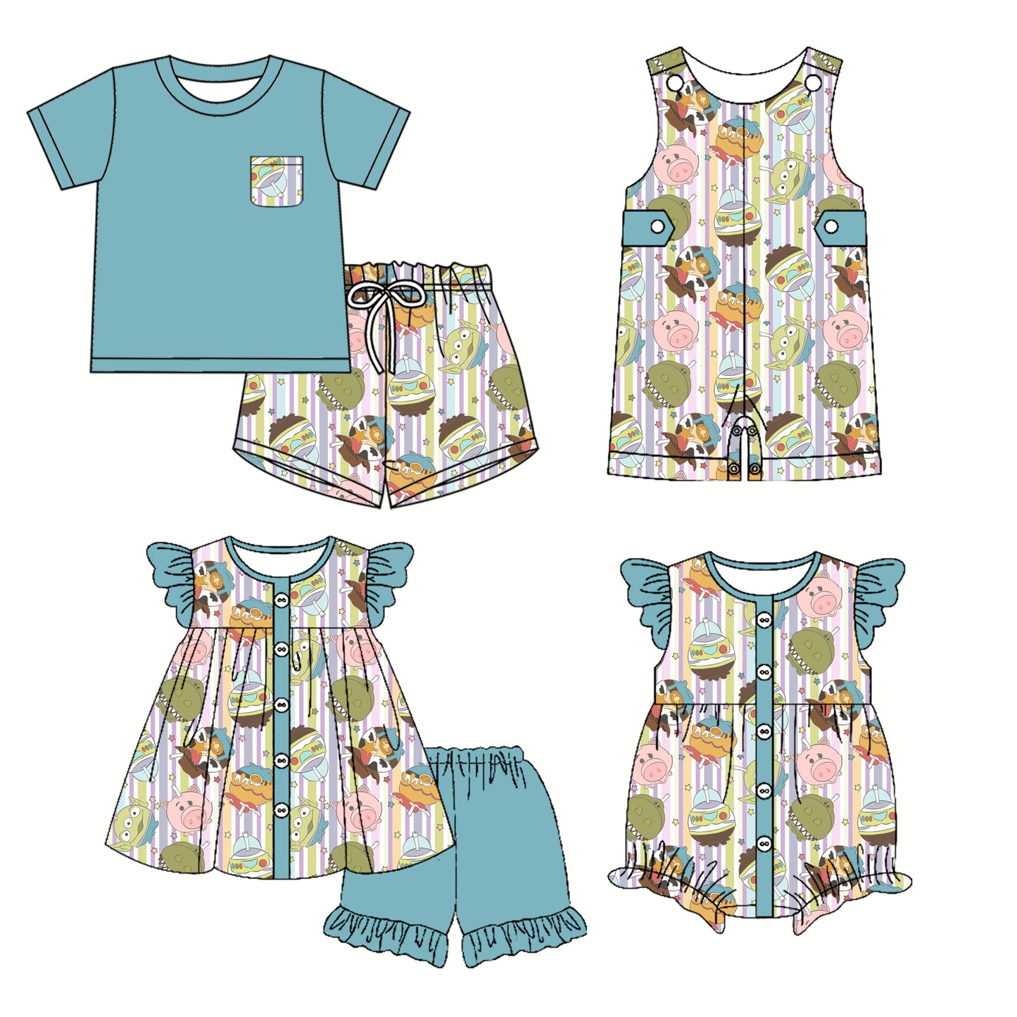 Preorder moq 5 Custom Baby Kids Blue Button Pocket Cartoon Dolls Top Short Sets Rompers