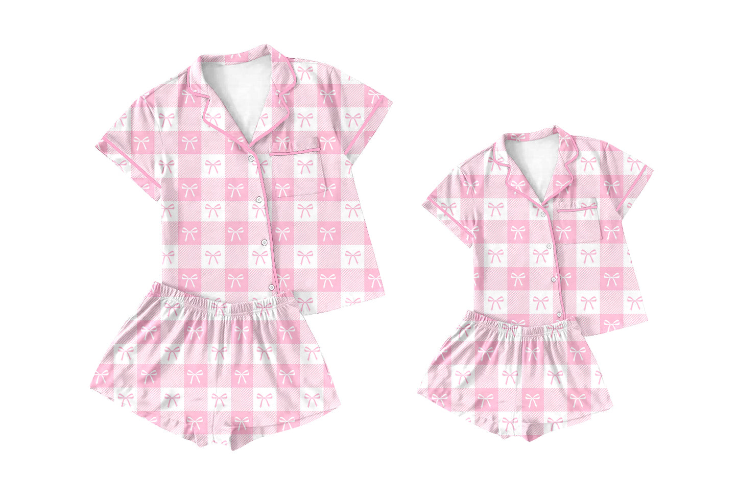 Preorder (moq 5 each) Family Women Baby Girls Pink Checkered Bows Buttons Top Shorts Pajamas Clothing Sets