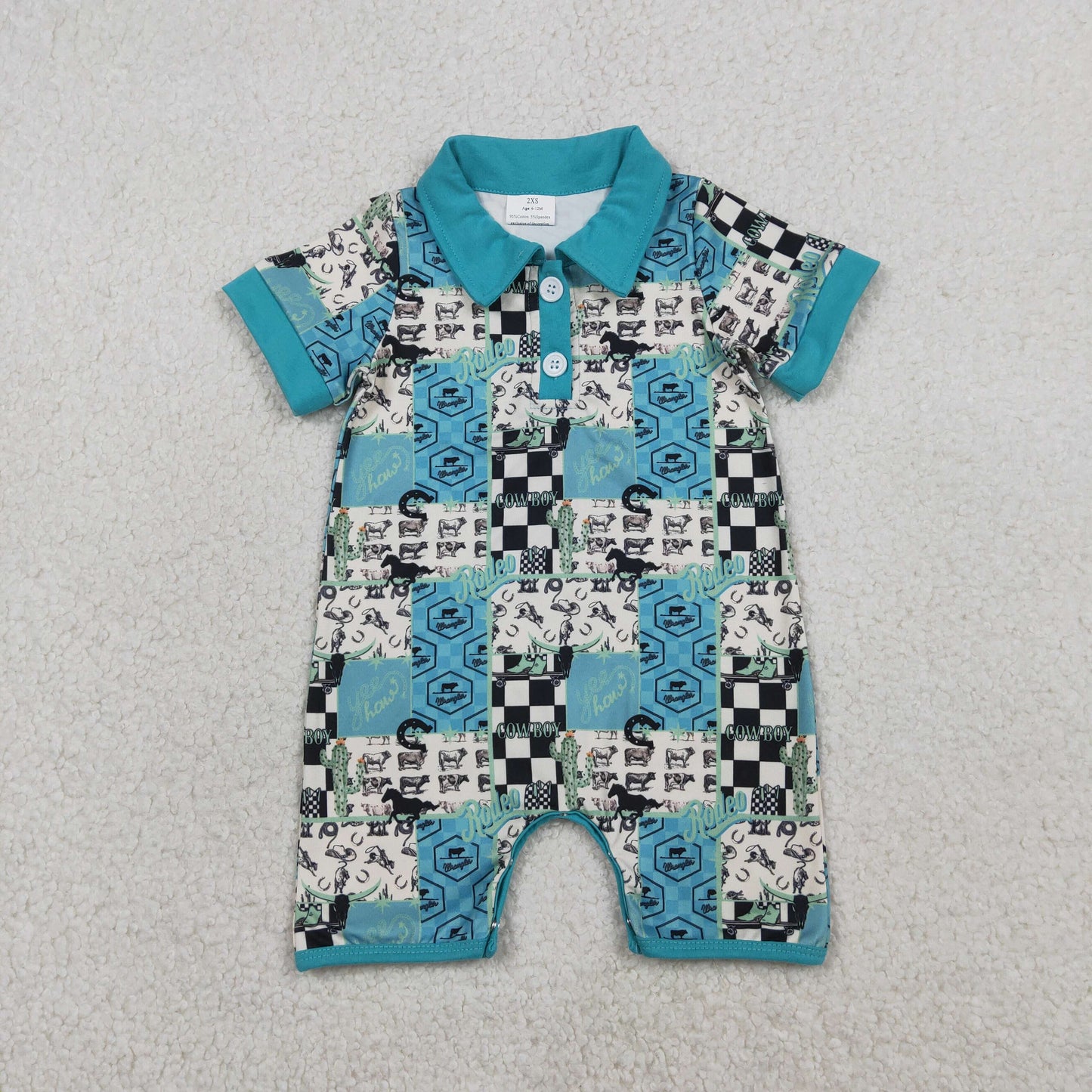 Baby Boys Short Sleeve Boot Horses Cowboy Western Button Rompers