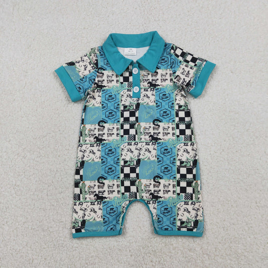 Baby Boys Short Sleeve Boot Horses Cowboy Western Button Rompers