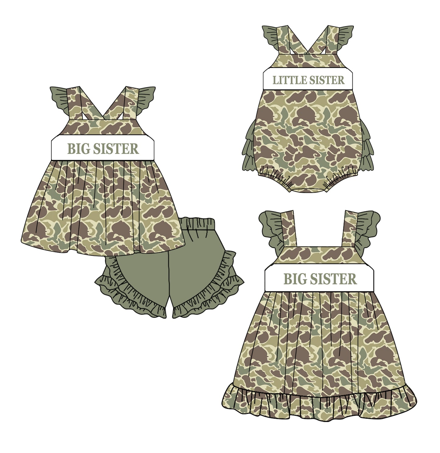 Preorder(moq 5 each)Sibling Baby Girls Green Camo Big Little Sister Straps Romper Dress Shorts Sets