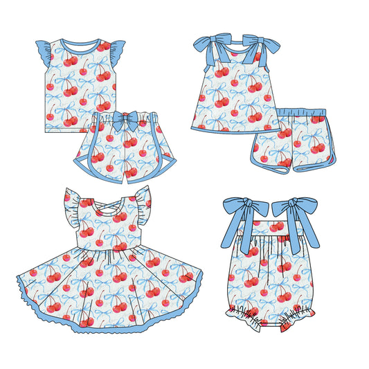 Preorder moq 5 Custom Baby Girls Bows Cherry Top Short Sets Knee Length Dress Ruffle Rompers