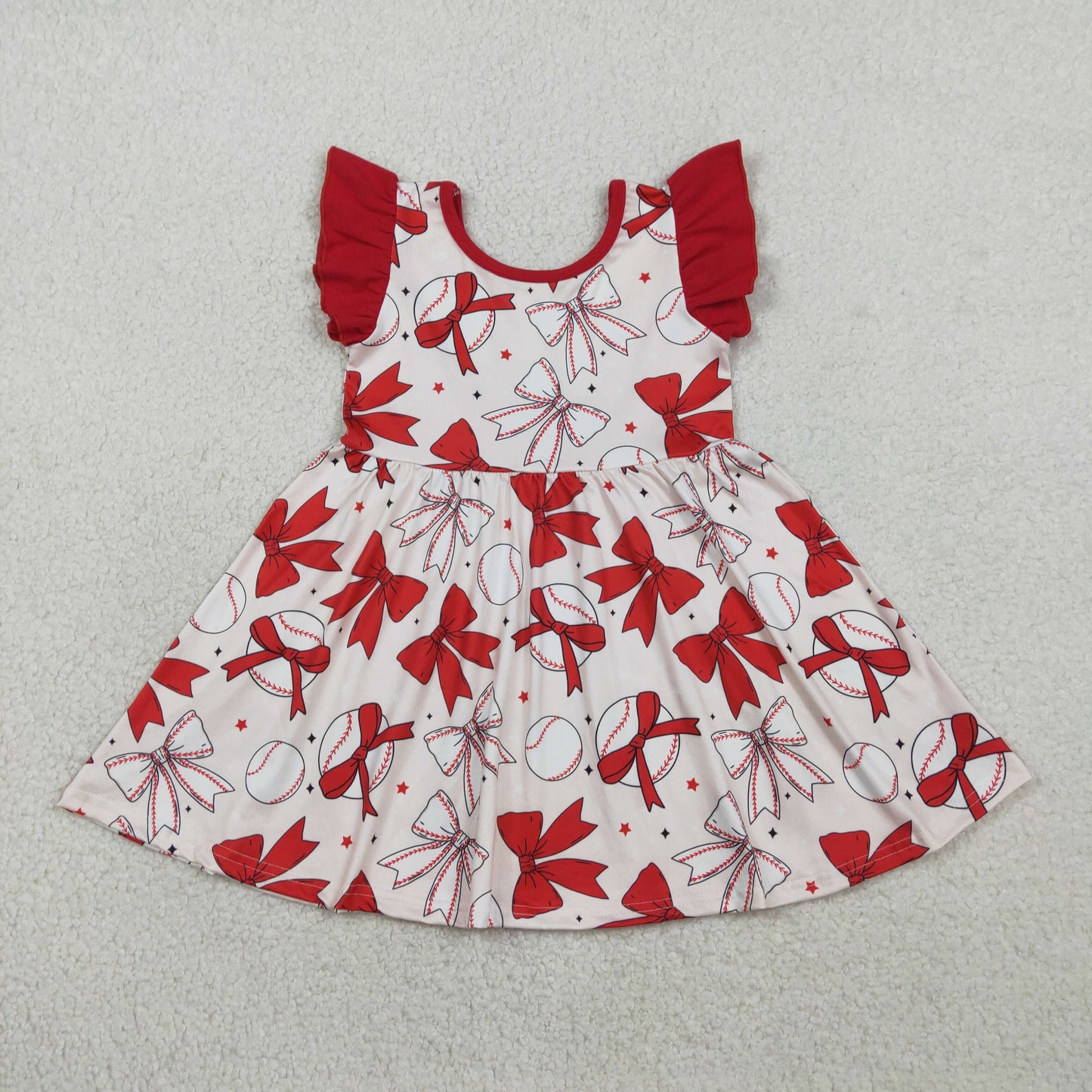 Baby Girls Flutter Sleeve Baseballs Bows Team Knee Length Dresses