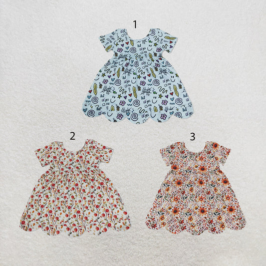 Sibling Baby Girls Short Sleeve Apple Flowers Back to School Scallop Knee Length Dresses