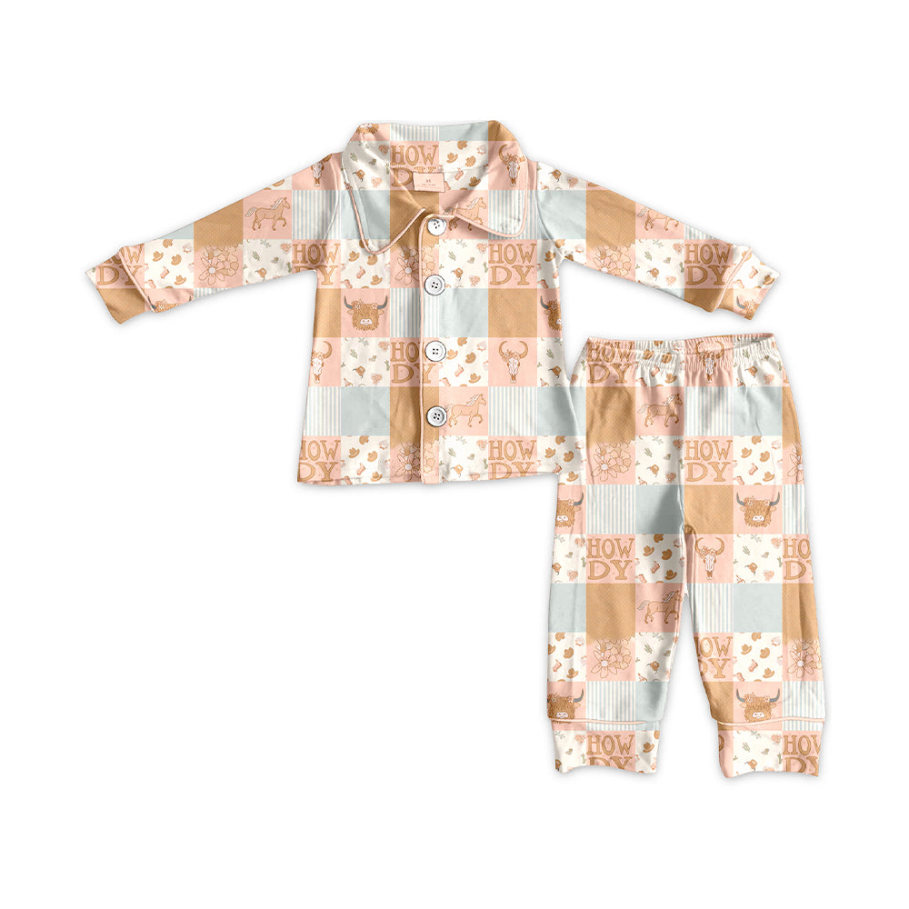 Preorder (moq 20)Baby Girls Bamboo Western Howdy Buttons Top Pants Pajamas Sets