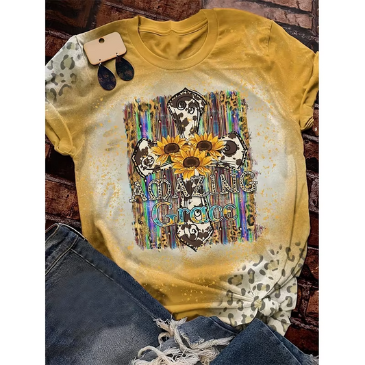 Preorder moq 5 Adult Women Western Cross Sunflowers Bleached Tee Shirts Tops