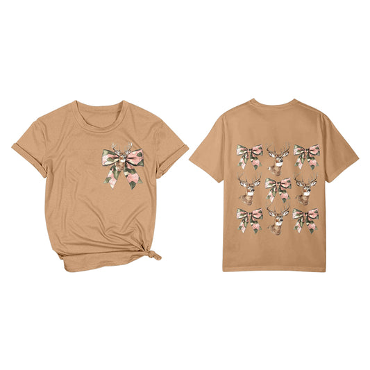 Adult Women Khaki Deer Bows Hunting Tee Shirts Tops Preorder(moq 5)