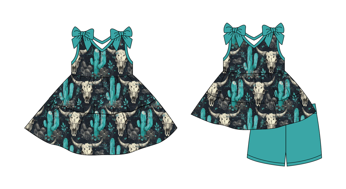 Preorder moq 5 Custom Baby Girls Black Bull Skull Cactus Tunic Short Set Knee Length Dresses
