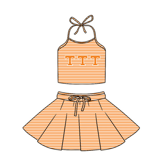 Preorder (moq 5)Baby Girls Strap Orange Stripe T Vest Top Skirt Shorts 2 Piece Team Swimsuits