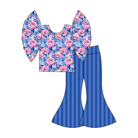 Baby Girls Blue Flowers Flutter Sleeve Shirt Top Stripes Bell Pants Sets preorder(MOQ 5)