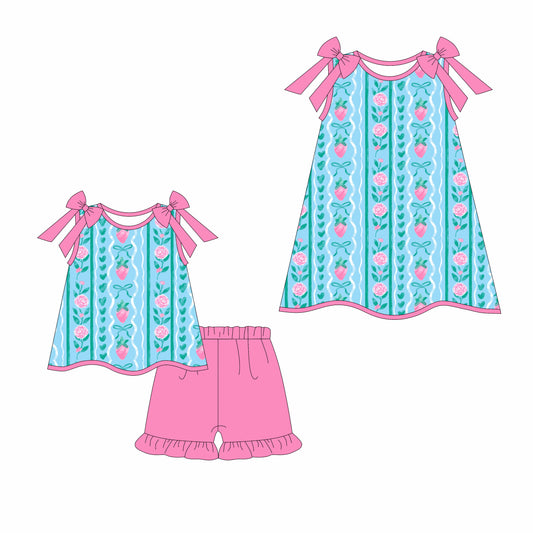 Preorder moq 5 Custom Baby Girls Blue Strap Floral Stripe Tunic Ruffle Short Set Knee Length Dresses