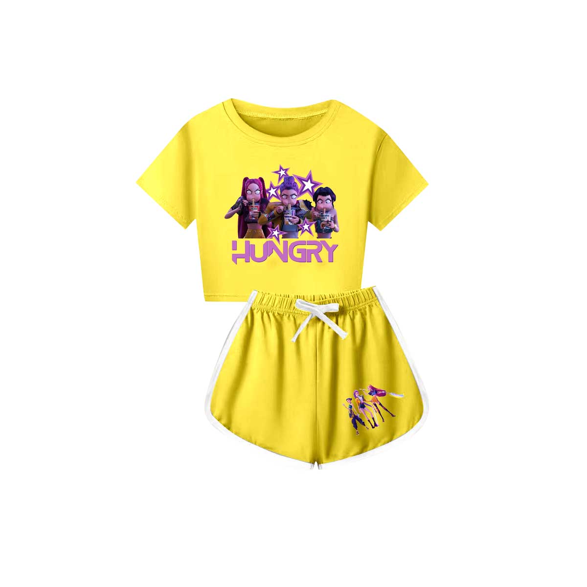 Preorder(moq 5) Baby Girls Cartoon Girls Hungry Top Shorts Yellow Clothes Sets