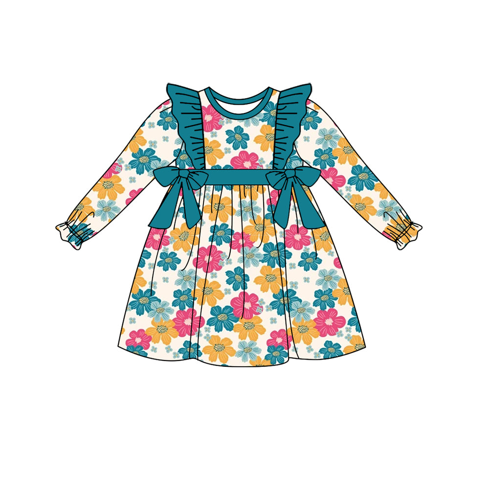 Baby Girls Blue Flowers Bows Ruffle Knee Length Dresses Preorder(moq 5)