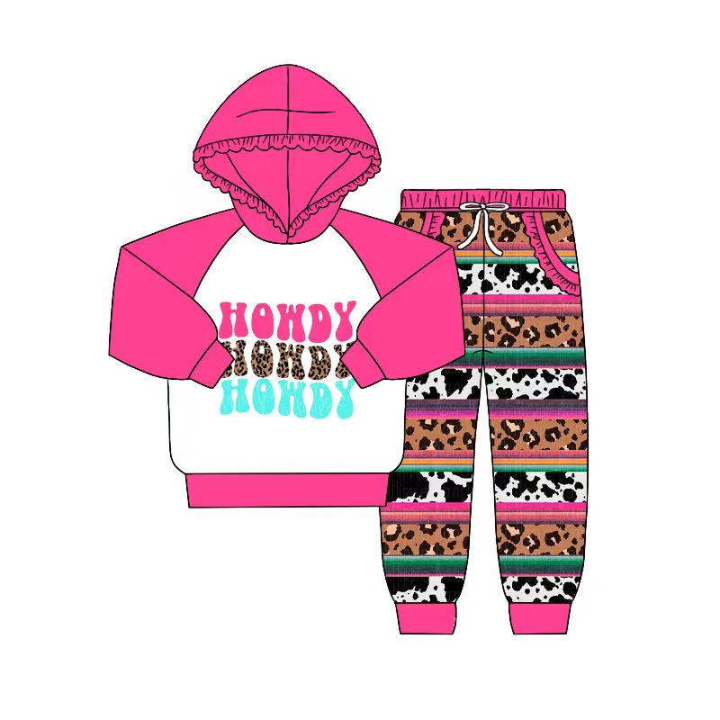Preorder (moq 5)Baby Girls Howdy Ruffle Hoodies Pockets Jogger Pants Western Clothes Sets