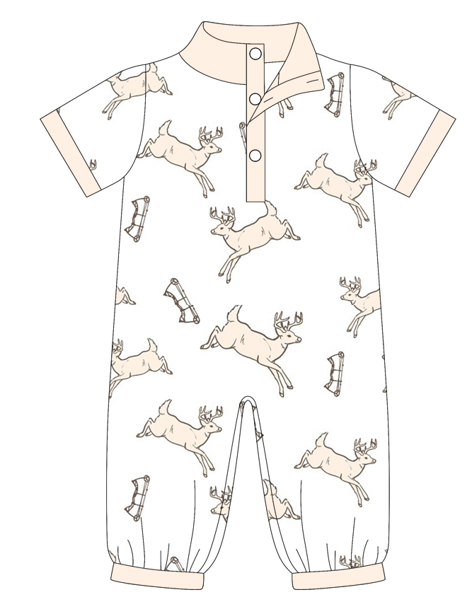 Preorder moq 5 (each item)Baby Boys Short Sleeve Ducks Deer Button Hunting Footie Rompers