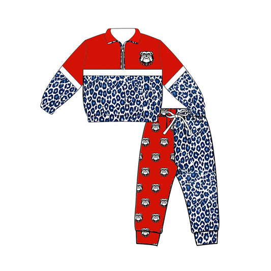 Preorder (moq 5)Baby Boys Blue Leopard Zip Bulldogs Pullovers Top Jogger Team Clothes Set