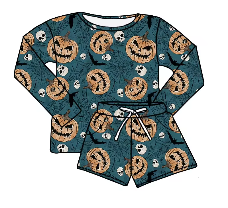 Baby Girls Halloween Pumpkin Spider Shirt Top Shorts Clothes Sets Preorder(moq 5)