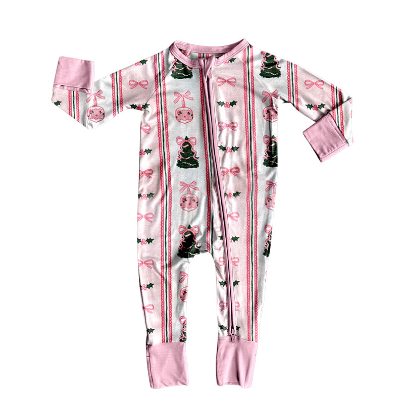 Preorder (moq 5)Baby Girls Pink Bows Trees Holly Stripe Christmas Zipper Footie Rompers